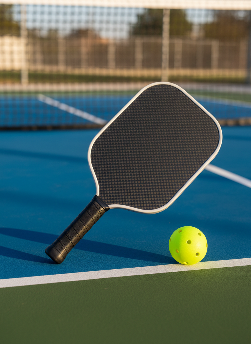 A close-up of a high-end graphite pickleball paddle with a textured carbon fiber face and cushioned perforated grip, resting diagonally on a pristine outdoor pickleball court. The court surface shows crisp white kitchen lines on a smooth blue and green acrylic surface. Soft late-afternoon natural light casts gentle shadows from the paddle and a bright neon-yellow pickleball placed beside it, creating subtle highlights on the paddle’s edge guard. Shot from a slightly elevated angle with shallow depth of field, the foreground paddle is in sharp photographic focus while the distant net and fence blur softly. The clean, modern composition feels professional and product-focused, ideal for a gear review blog header.