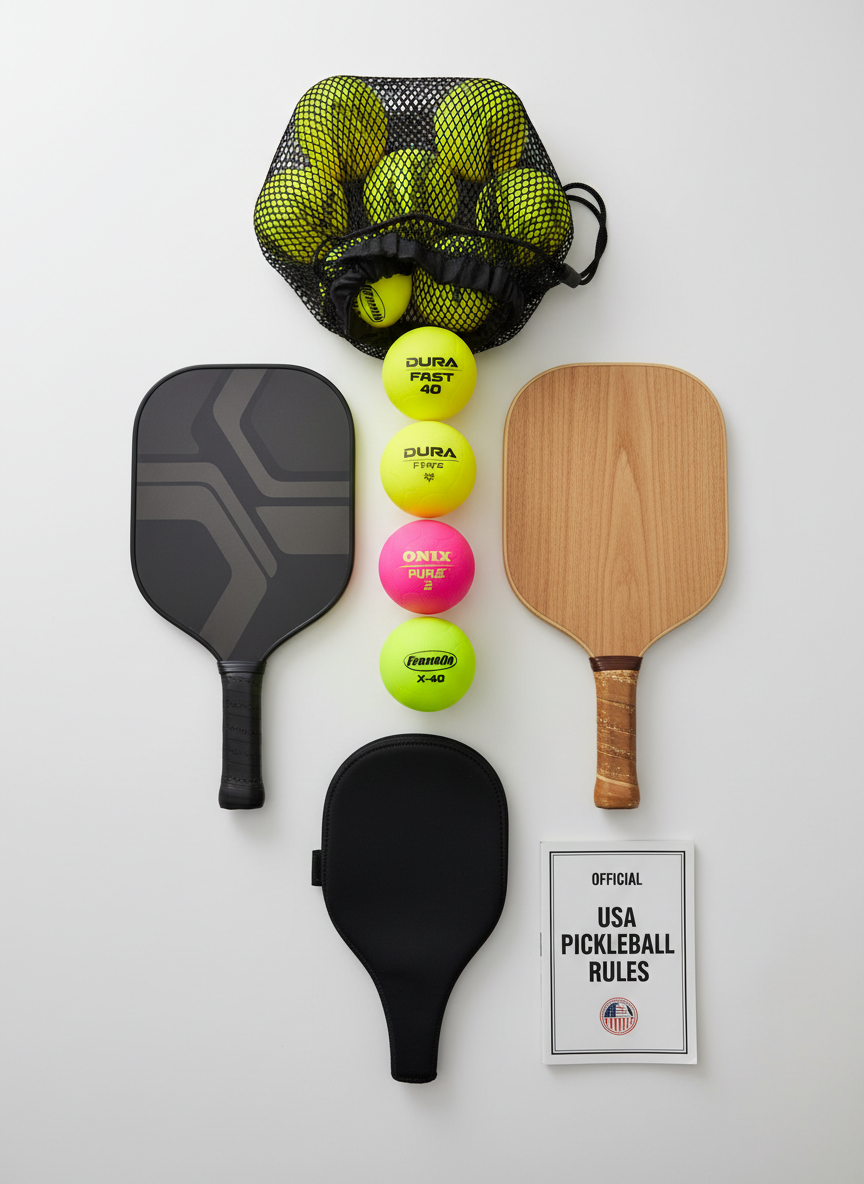 An overhead, photographic realism shot of a neatly arranged pickleball gear flat lay on a matte white tabletop: two contrasting paddles (one graphite, one wooden), three different brands of neon pickleballs, a mesh ball bag, a minimalist black paddle cover, and a folded rulebook. Soft diffused studio lighting eliminates harsh shadows, creating a clean, modern look with subtle reflections on the paddle surfaces. The objects are spaced with careful balance using rule-of-thirds composition, leaving negative space for potential text overlay. The mood is organized, professional, and informative, perfectly suited for a buying guide or comparison article on pickleball equipment.
