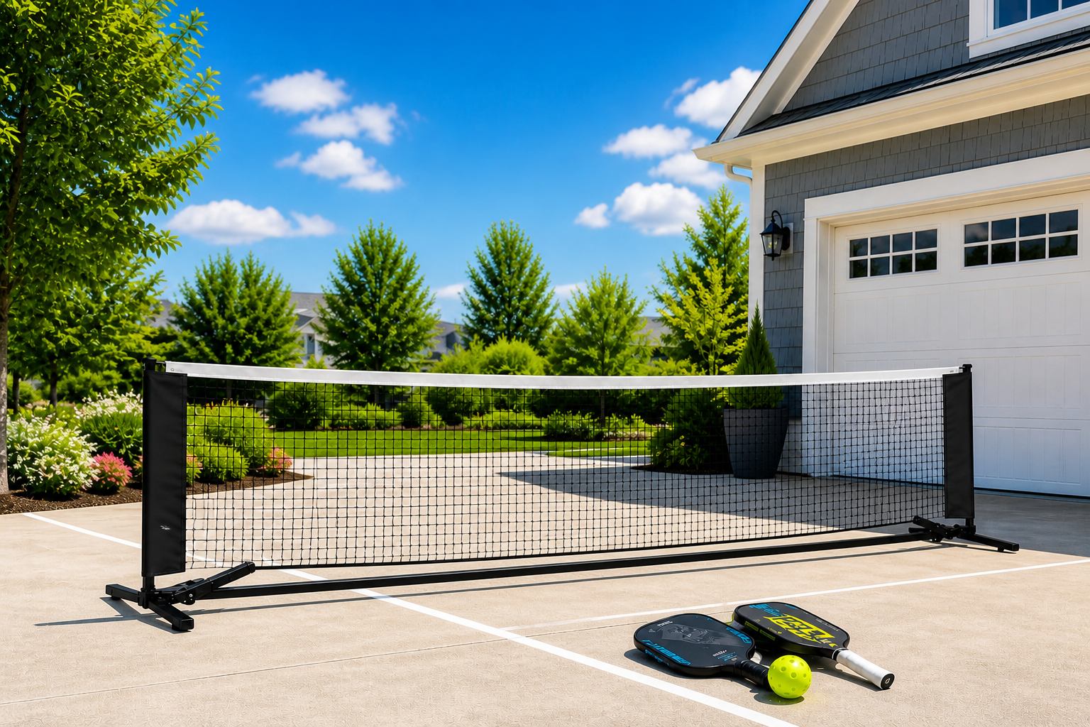 Portable pickleball net set up in a sunny residential driveway with paddles and ball, showcasing the best at-home pickleball nets to buy in 2026